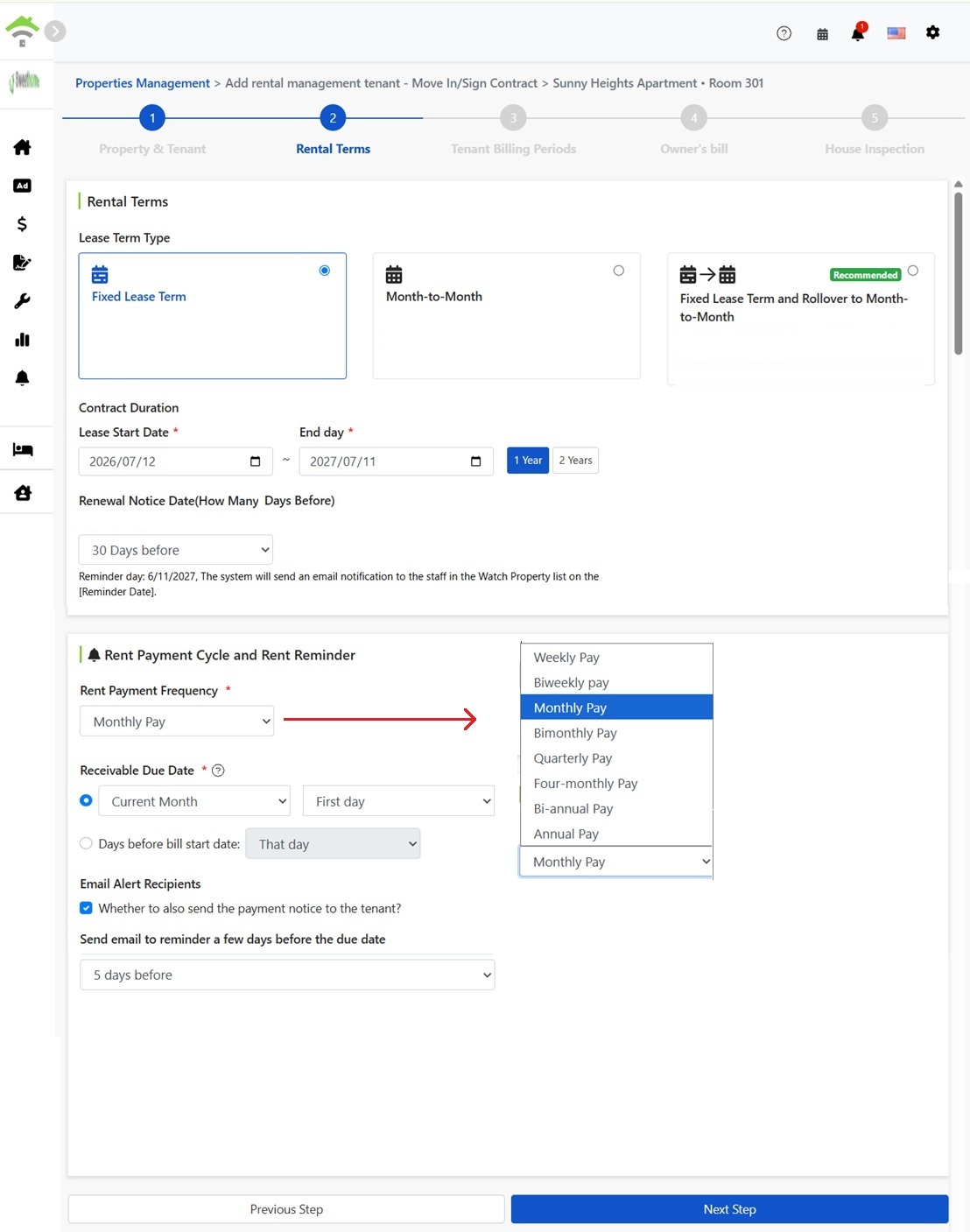 Lease Terms: Lease Type, Term, Payment Cycle, and Reminder Settings