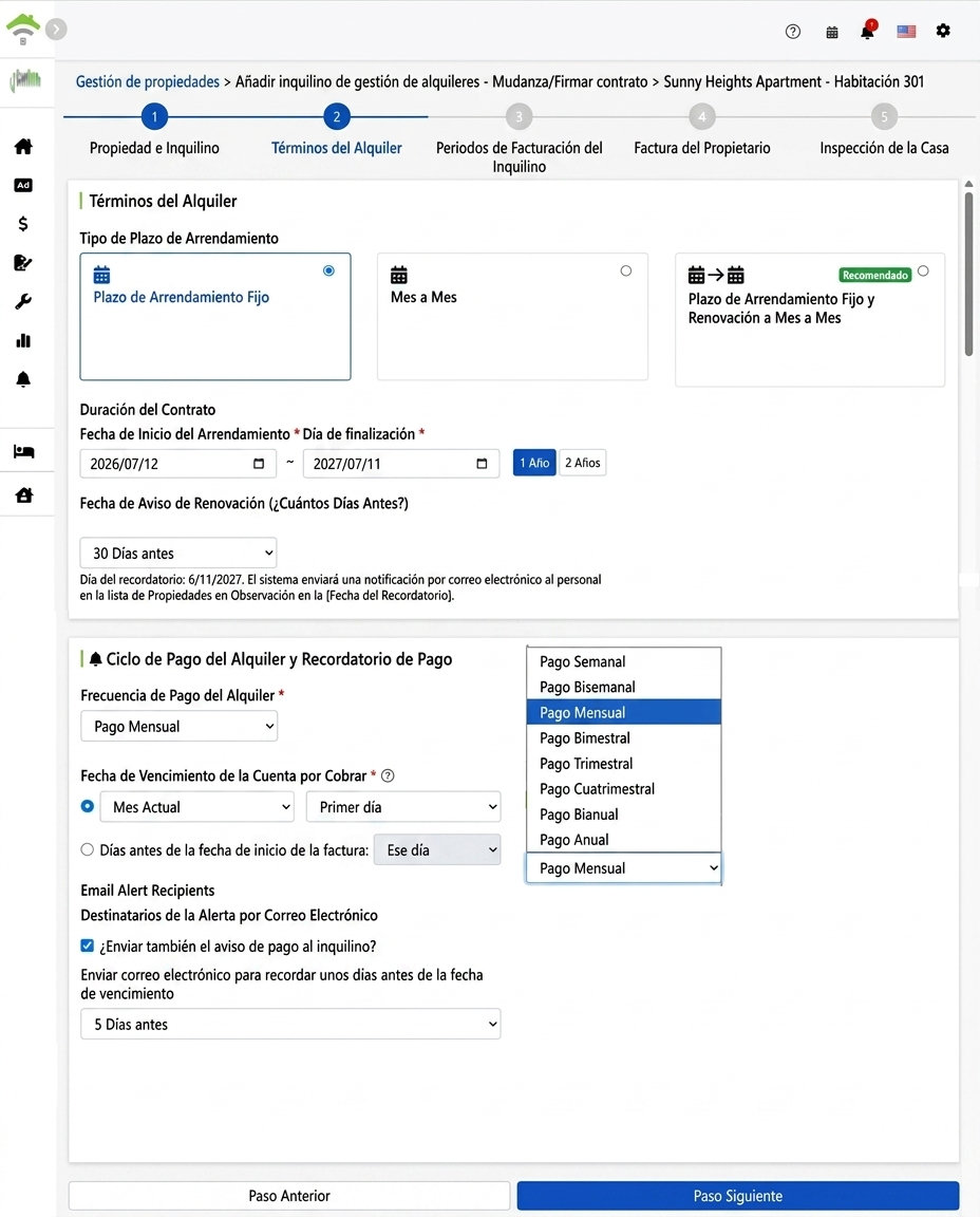 Términos de arrendamiento: tipo de contrato, duración, ciclo de pago y configuración de recordatorios