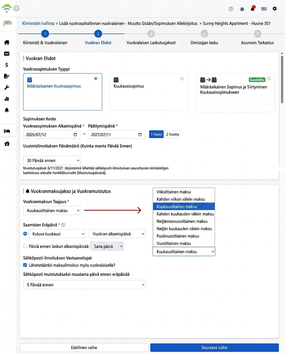 Vuokrasopimusehdot: Sopimustyyppi, vuokrakausi, maksujakso ja muistutusasetukset