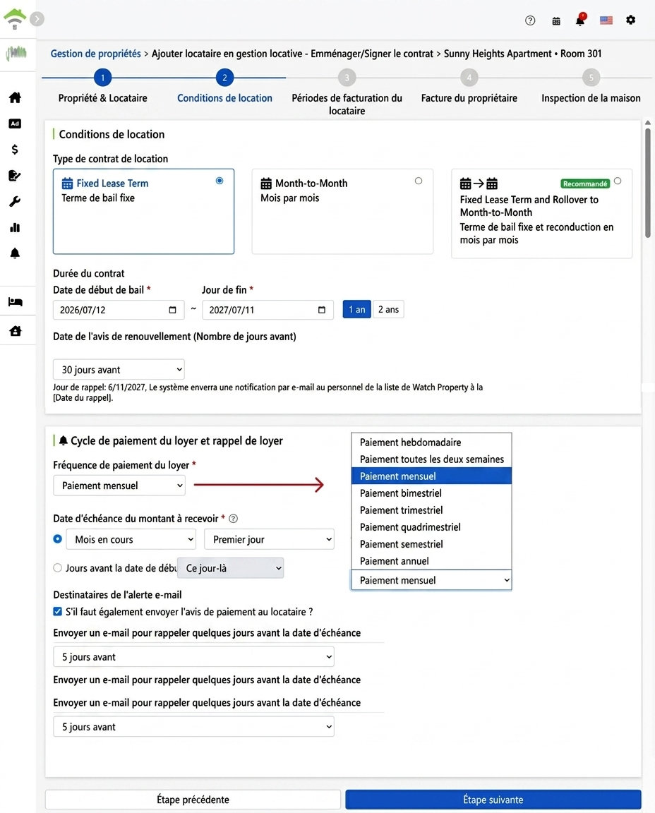 Conditions de location : type de bail, durée, cycle de paiement et paramètres de rappel