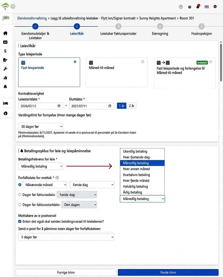 Leievilkår: avtaletype, leietid, betalingsfrekvens og påminnelsesinnstillinger