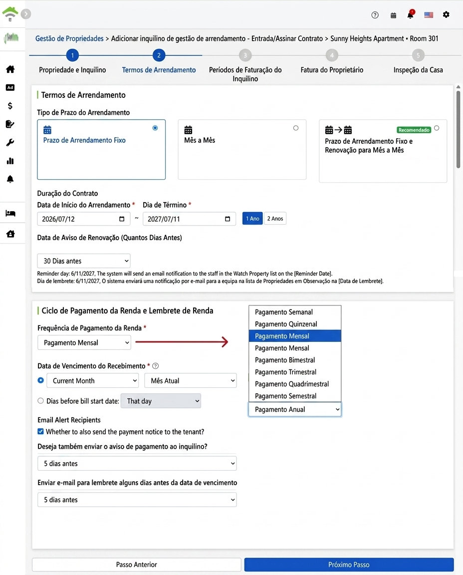 Termos de Arrendamento: Tipo de Contrato, Duração, Ciclo de Pagamento e Configuração de Lembretes