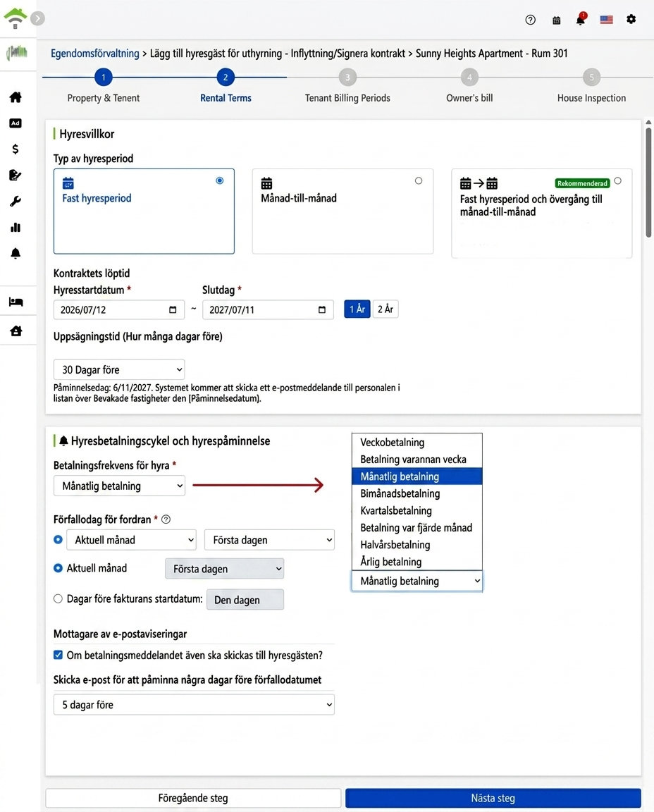 Hyresvillkor: avtalstyp, hyresperiod, betalningscykel och påminnelser