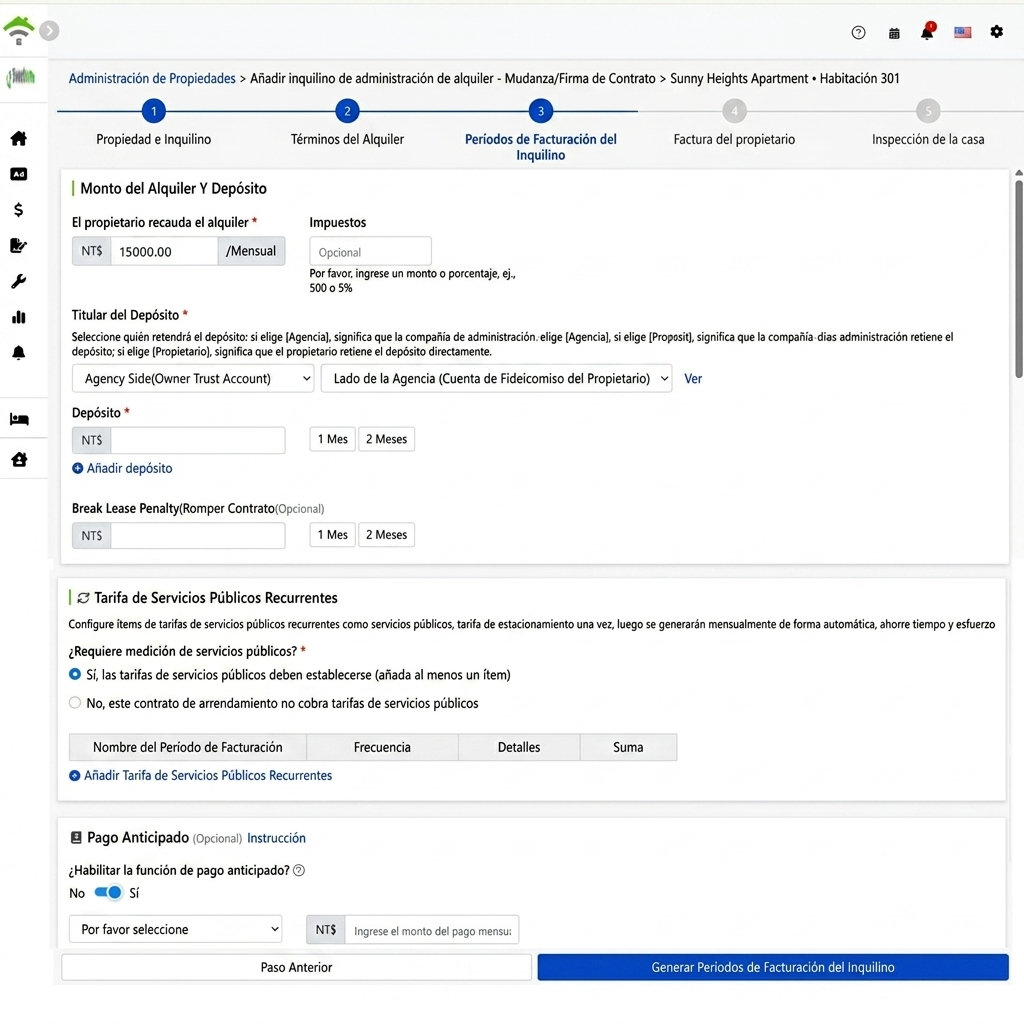 Configuración de renta, impuesto, custodio del depósito y penalización por incumplimiento.