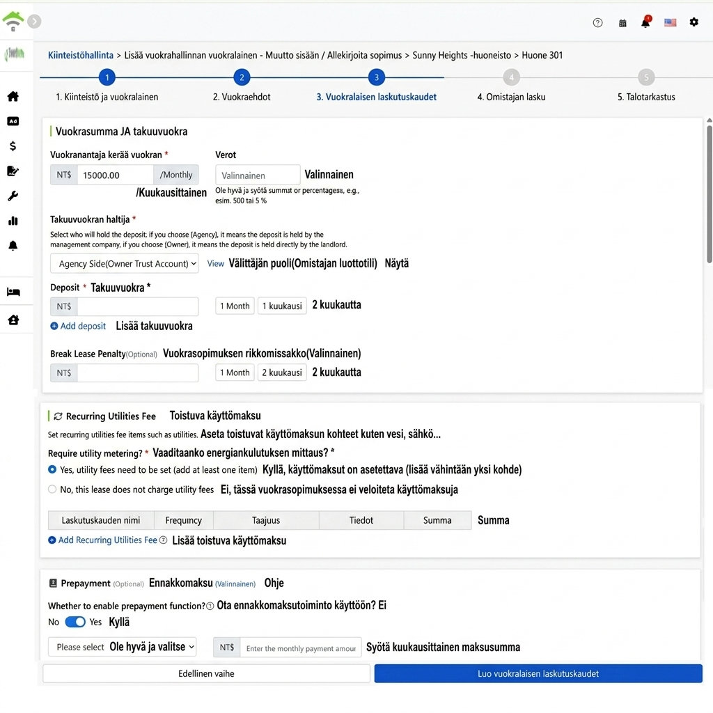 Vuokrat, verot, talletusten haltija ja sakkomaksujen määrittely