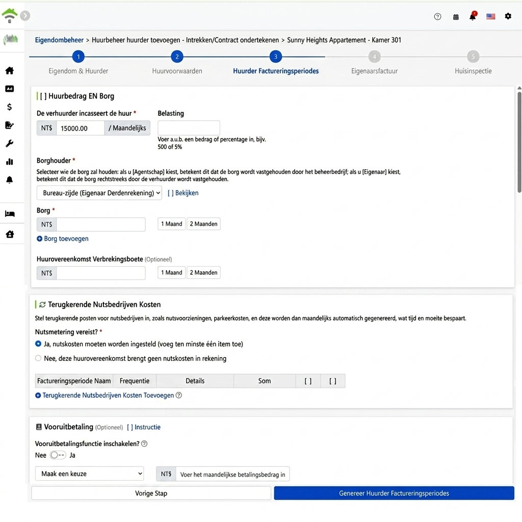 Huur, belasting, borgbeheerder en boetes instellen
