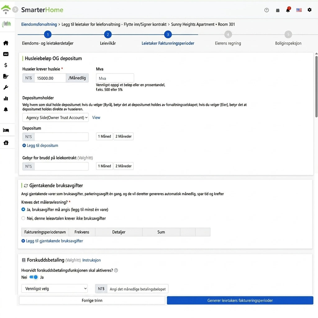 Innstillinger for leie, skatter, depositumsholder og bruddgebyr