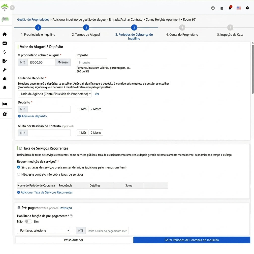 Configuração de Aluguel, Impostos, Depositário e Multas