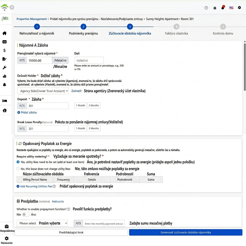 Nastavenie nájomného, daní, správcu záloh a sankcií