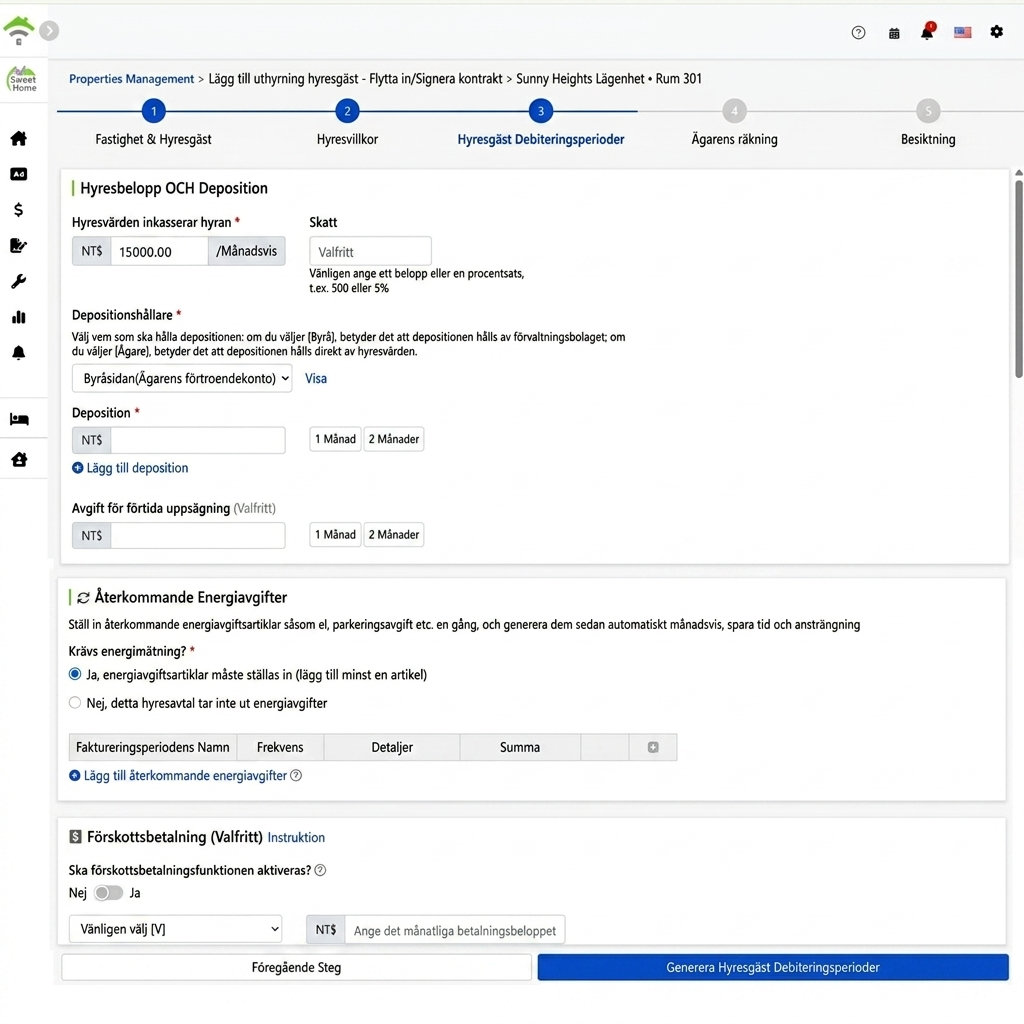 Hyra, skatter, depositionsförvaltare och straffavgifter