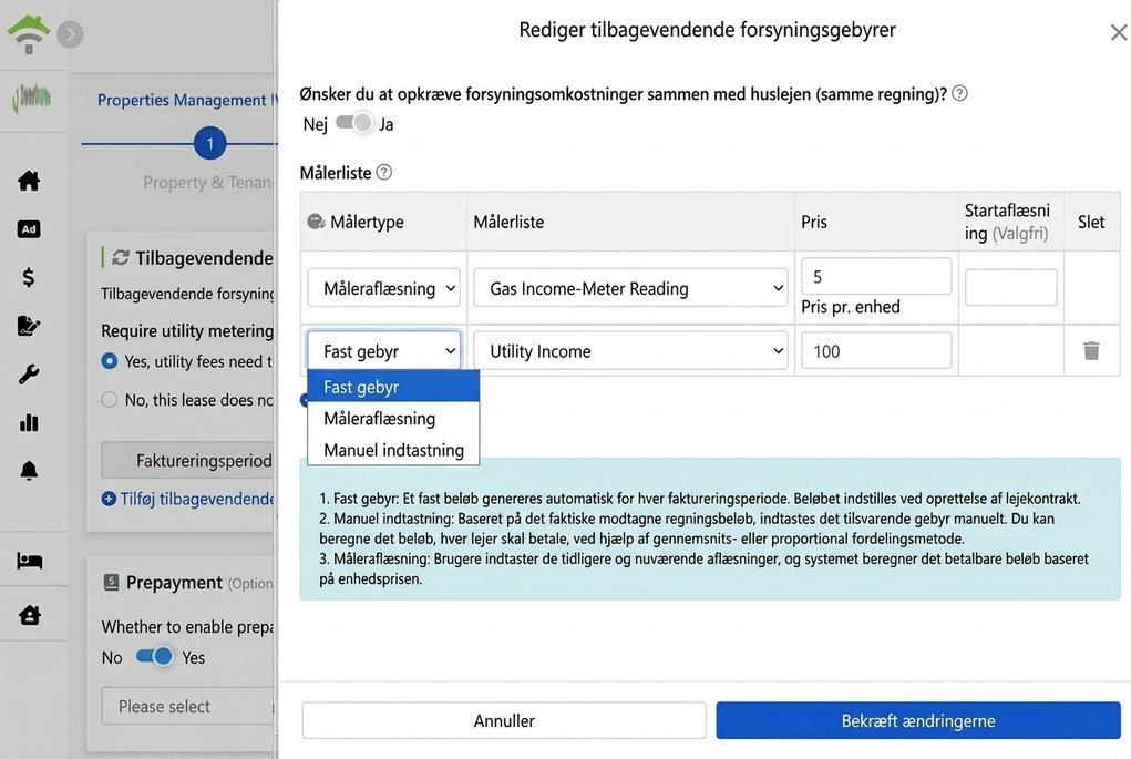 Indstillinger for tilbagevendende forsyningsafgifter: Tre faktureringsmetoder og kombineret fakturakontakt