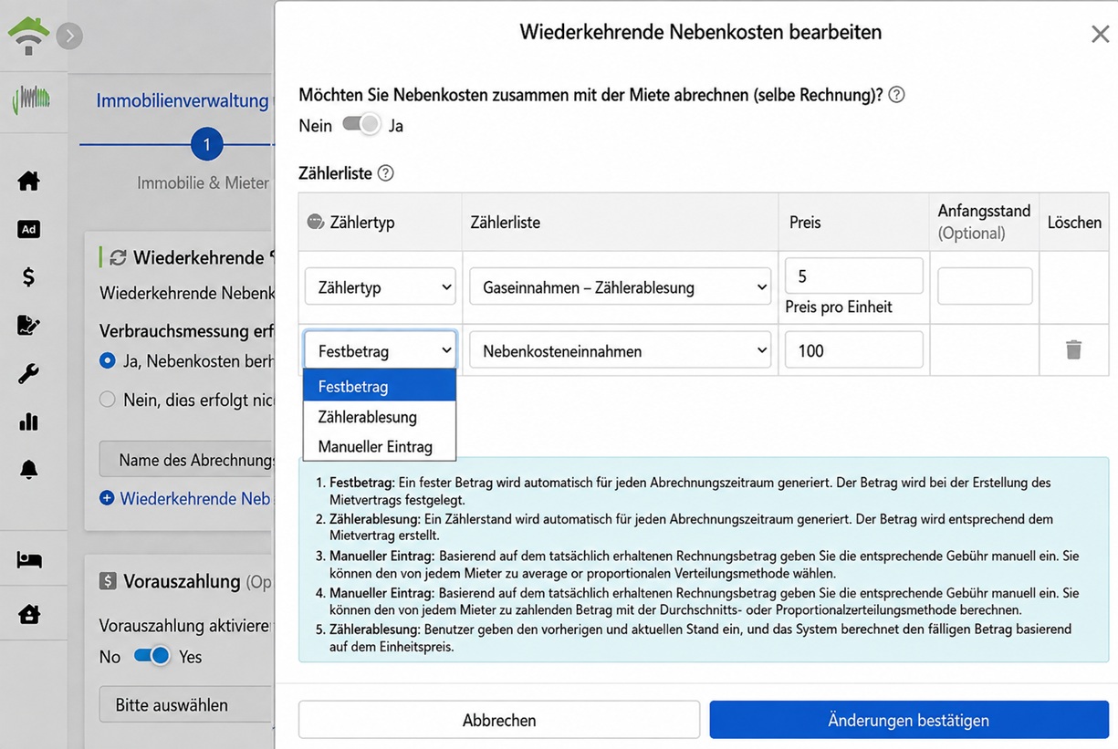 Einstellung der periodischen Nebenkosten: Drei Berechnungsmethoden und Rechnungszusammenführungs-Schalter