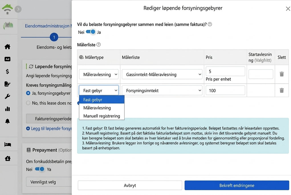 Innstillinger for periodiske strømomkostninger: Tre faktureringsmetoder og fakturainkluderingsbryter