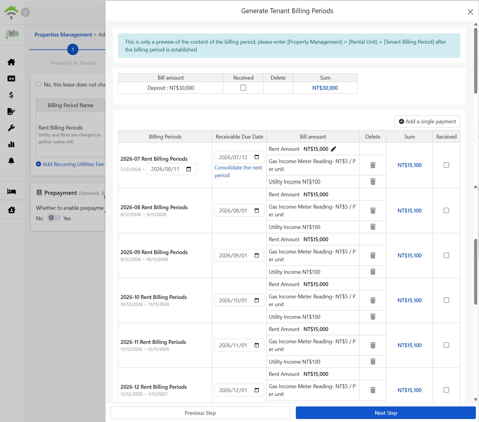 Generate Tenant Billing Preview: Deposit, Rent, Utilities