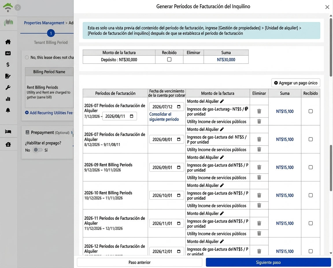 Generar vista previa del periodo de facturación del inquilino: depósito, alquiler y servicios públicos