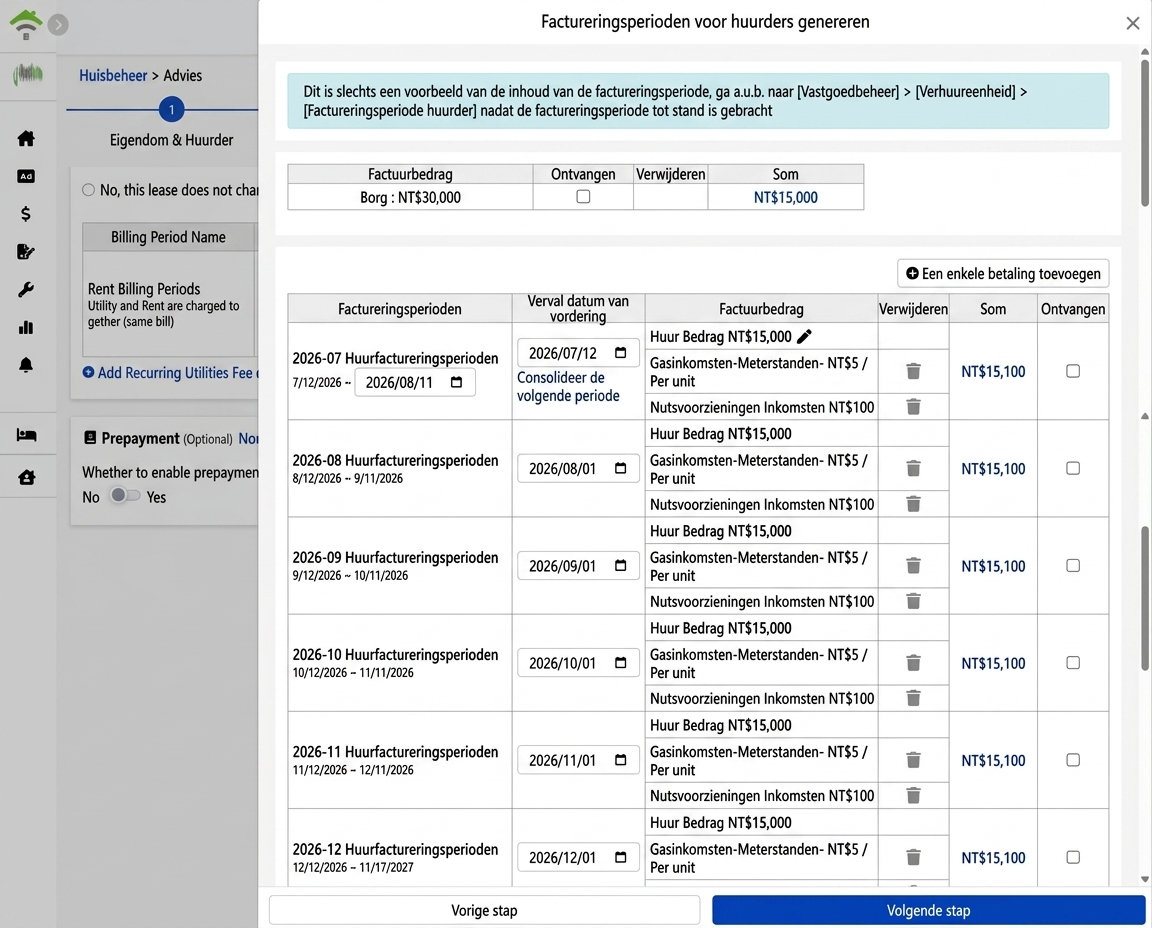 Preview genereren: borg, huurperiode en elektriciteitskosten