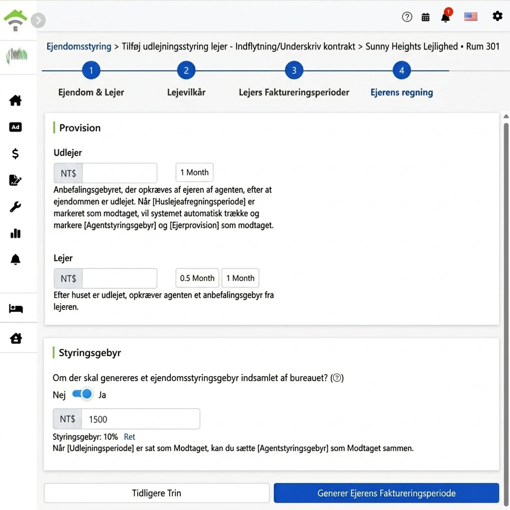Indstilling af ejers faktureringsperiode: provisioner og administrationsgebyr fra ejer og lejer