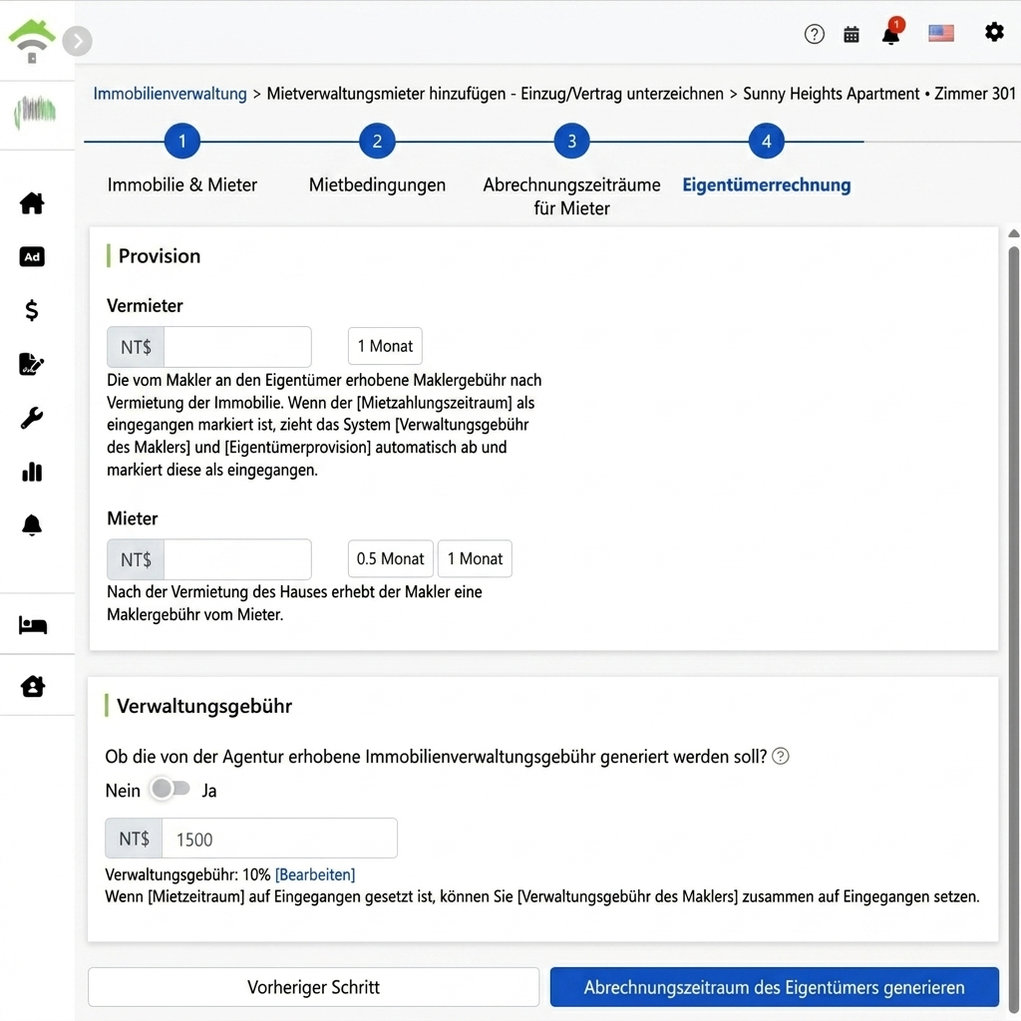 Eigentümerabrechnung konfigurieren: Provisionen und Verwaltungsgebühren vom Eigentümer und Mieter einzuziehen