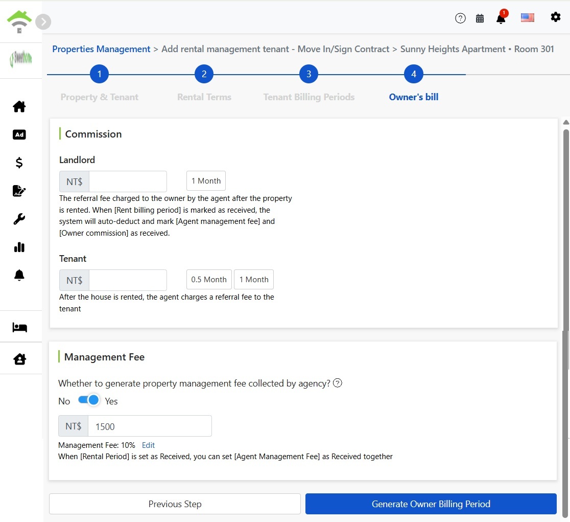 Owner Billing Setup: Commissions and Management Fees for Owner and Tenant