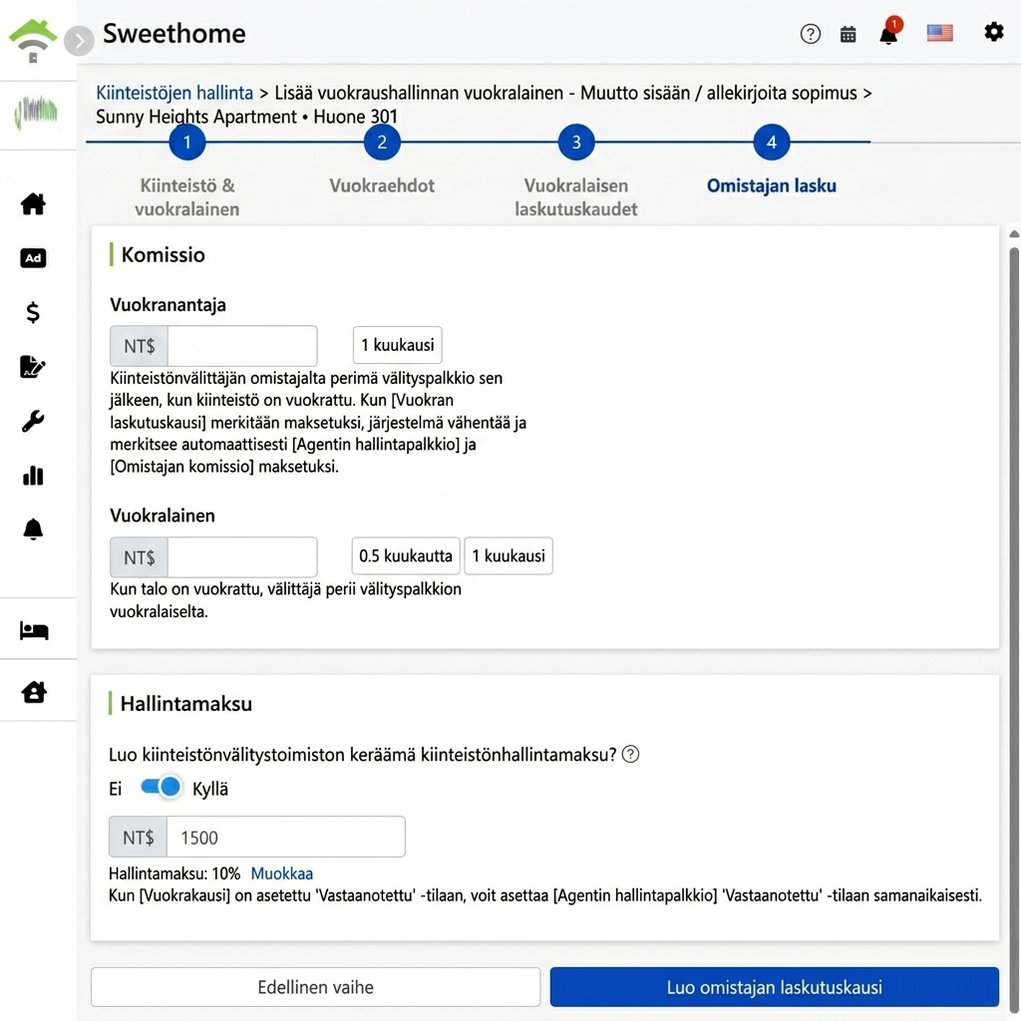 Omistajan laskutuskauden asetus: Omistajalle ja vuokralaiselle peritty provisio ja hallintokulut