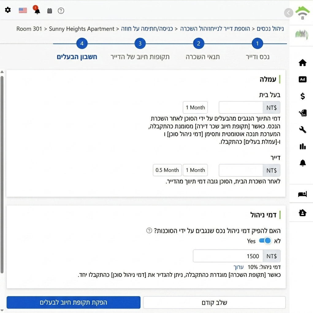 הגדרות תקופת חשבון בעלים: עמלות מדייר ומבעל הנכס, דמי ניהול