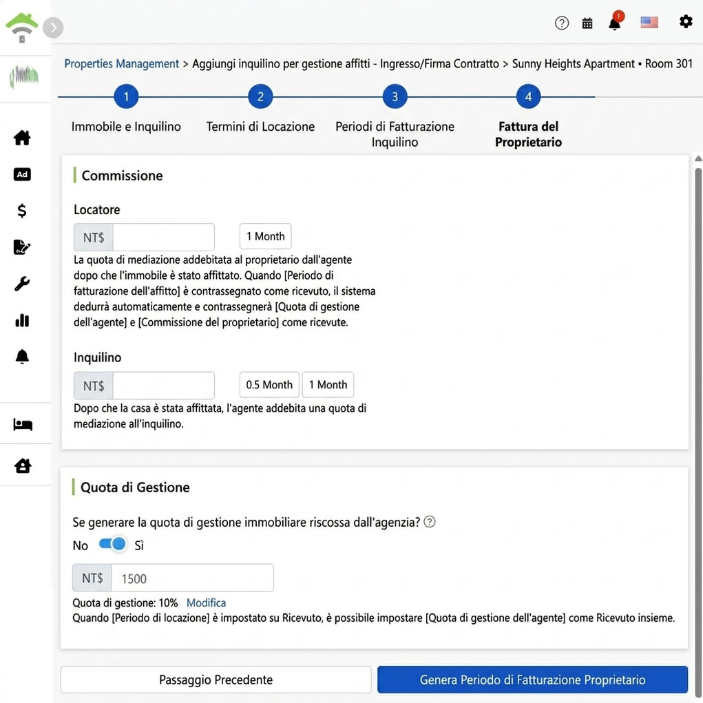 Impostazioni fatture del proprietario: Commissioni e spese di gestione per proprietari e inquilini.