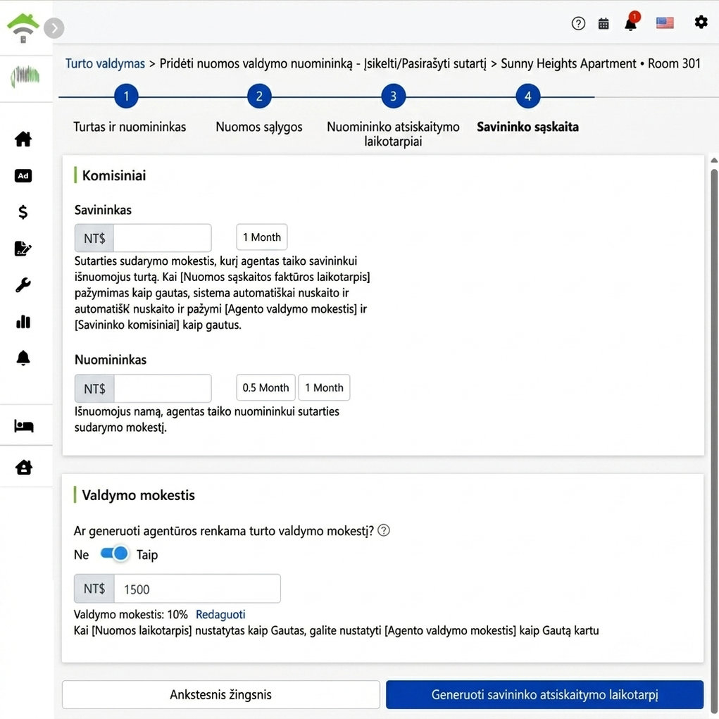 Savininko laikotarpio nustatymas: gaunami iš savininko ir nuomininko komisiniai, valdymo mokestis