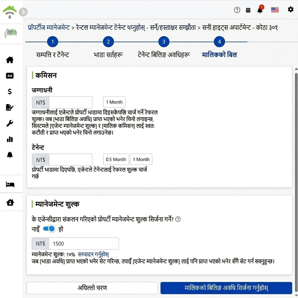 मालिकको अवधि सेटिङ: मालिक र भाडामा लिने व्यक्तिबाट लिने कमीशन, व्यवस्थापन शुल्क