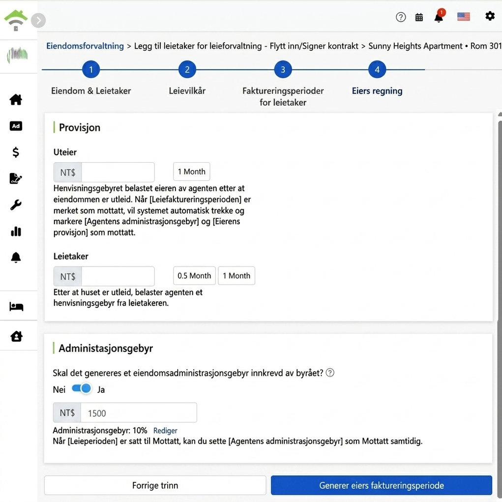 Innstillinger for eiertermin: Provisjon og administrasjonsgebyr innkrevet fra eier og leietaker