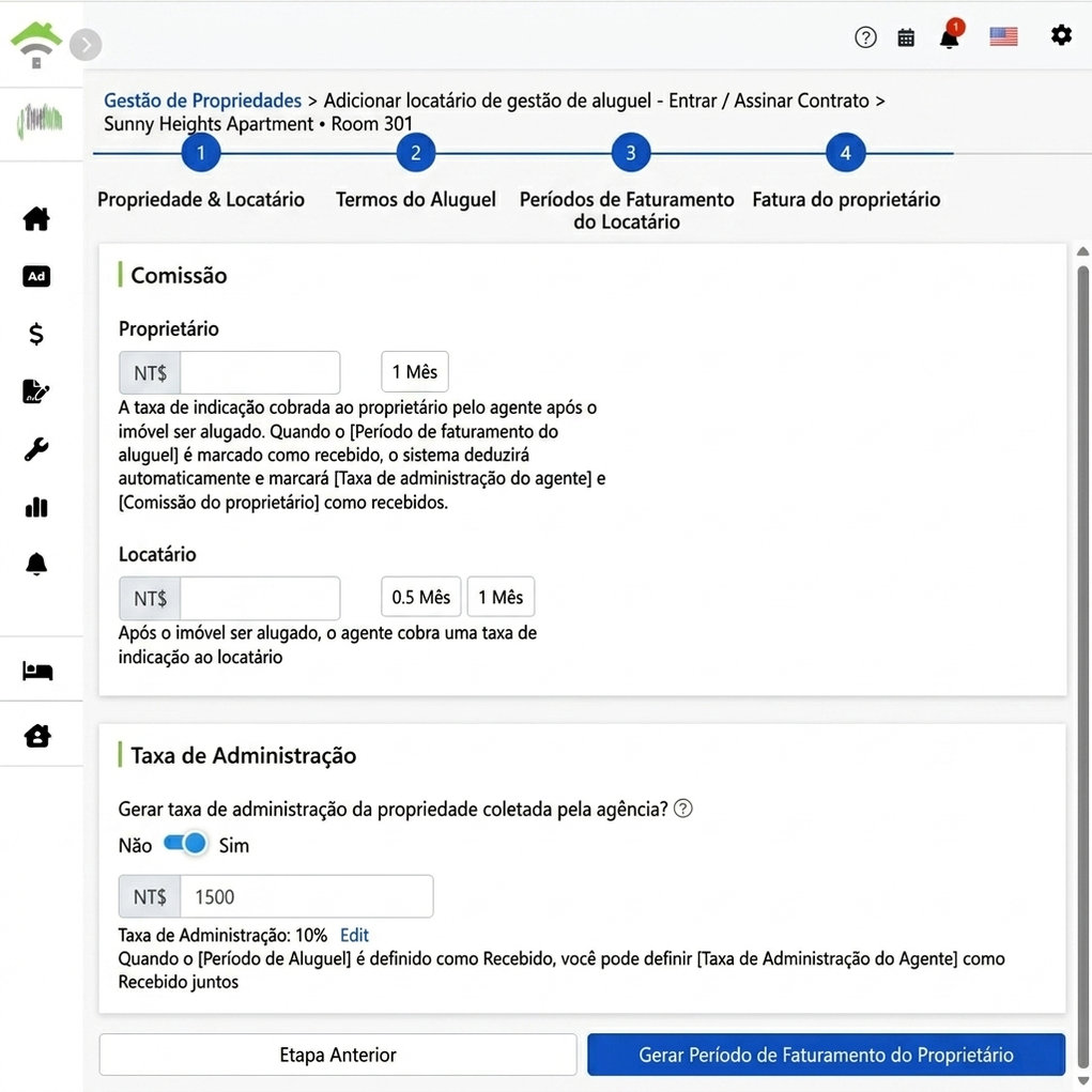 Configuração das Parcelas do Proprietário: Comissões e Taxa de Gestão Cobradas de Proprietário e Inquilino