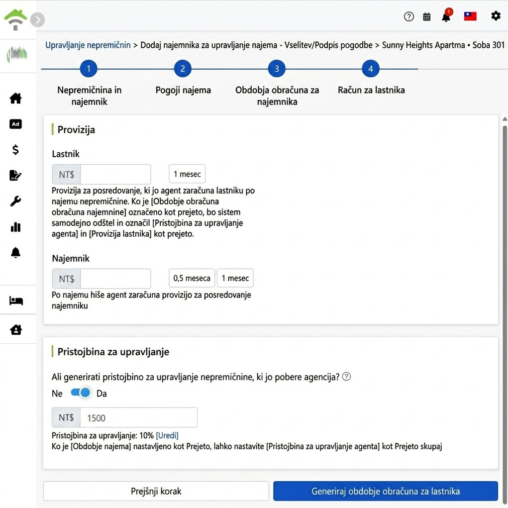 Nastavitev lastniškega obračunskega načrta: provizija in upravni stroški za lastnika in najemnika