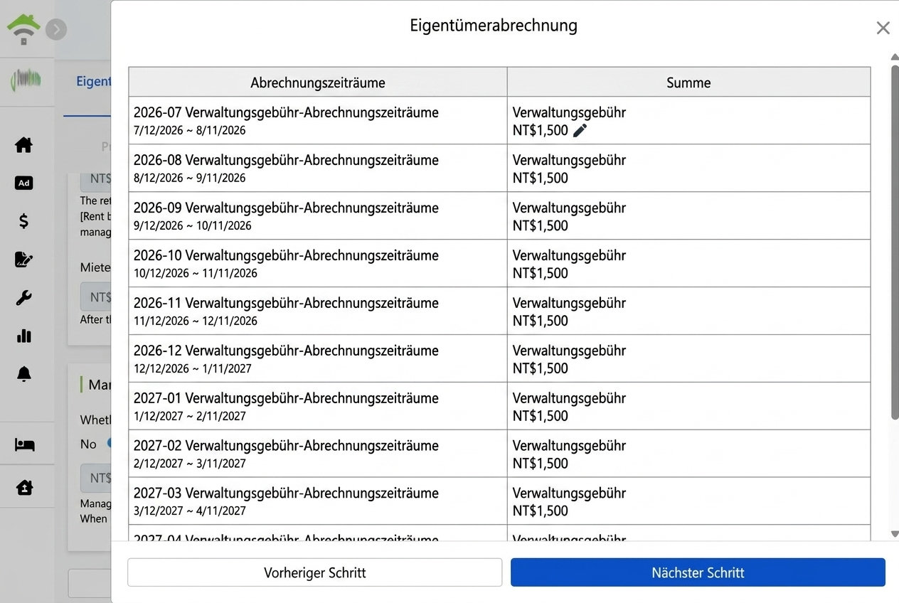 Erstellte Eigentümerabrechnungsliste: Jede Verwaltungsgebühr kann einzeln bearbeitet werden