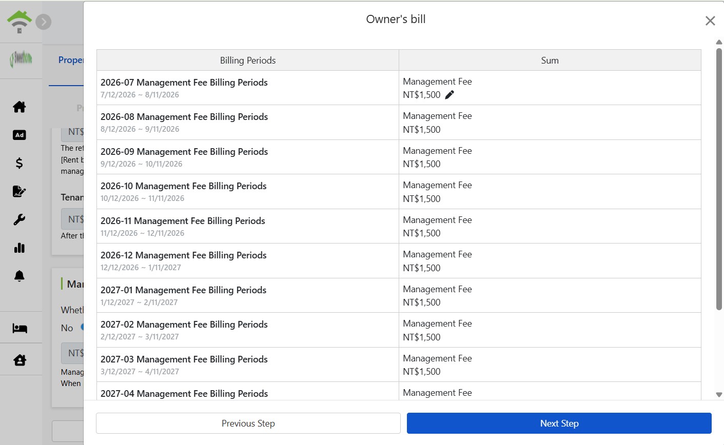 Generated Owner Billing List: Each Management Fee Editable