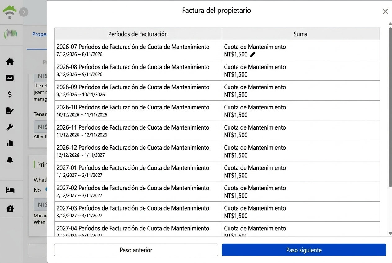 Lista de periodos de facturación del propietario generada: cada tarifa de gestión por periodo se puede modificar individualmente