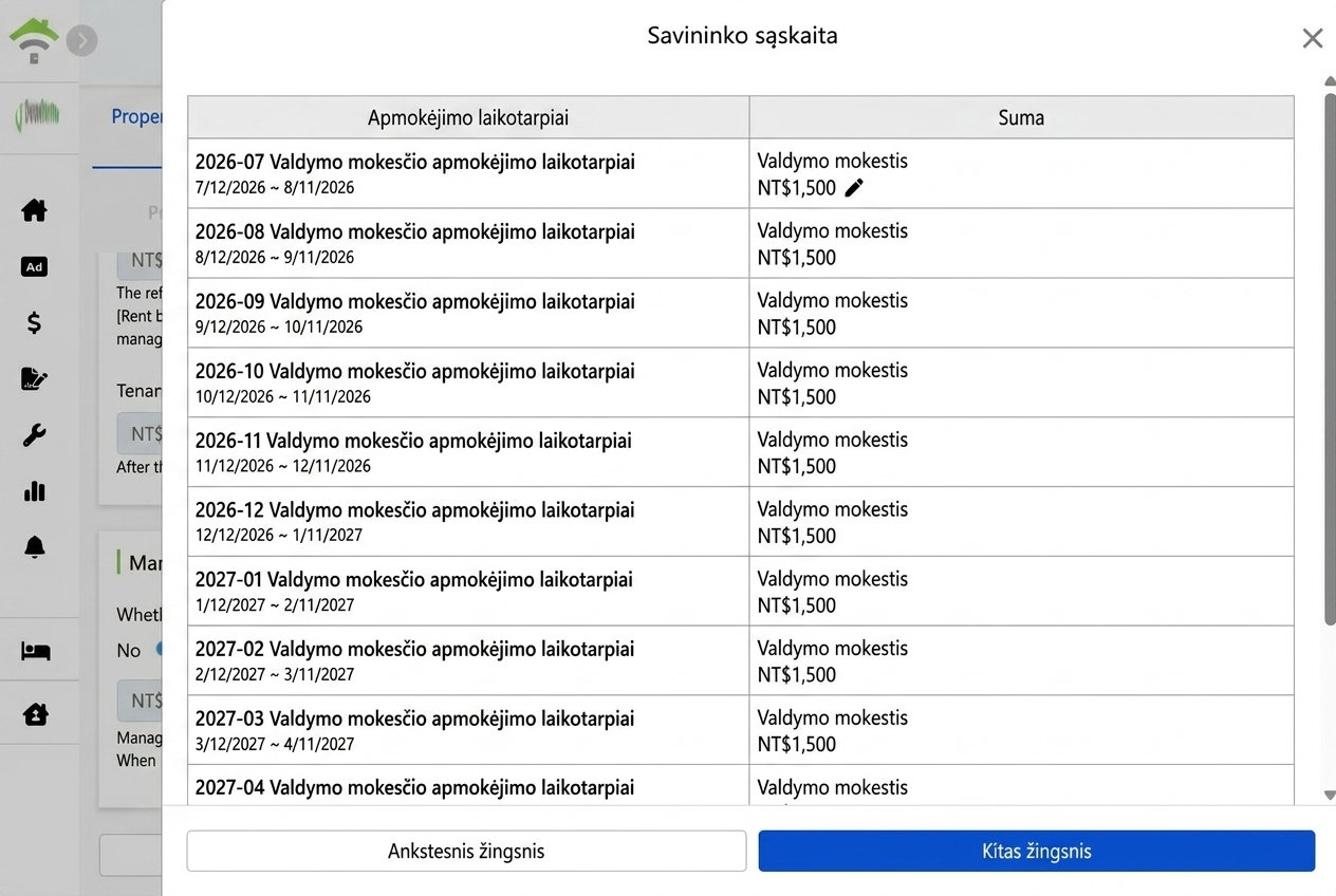 Sugeneruotas savininkų atsiskaitymo sąrašas: kiekvieno periodo mokesčius galima koreguoti atskirai.