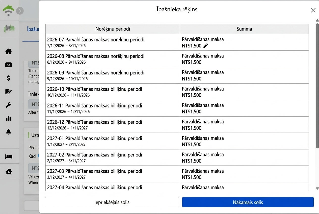Izveidotais īpašnieka norēķinu periods: katras perioda pārvaldības maksu var individuāli rediģēt