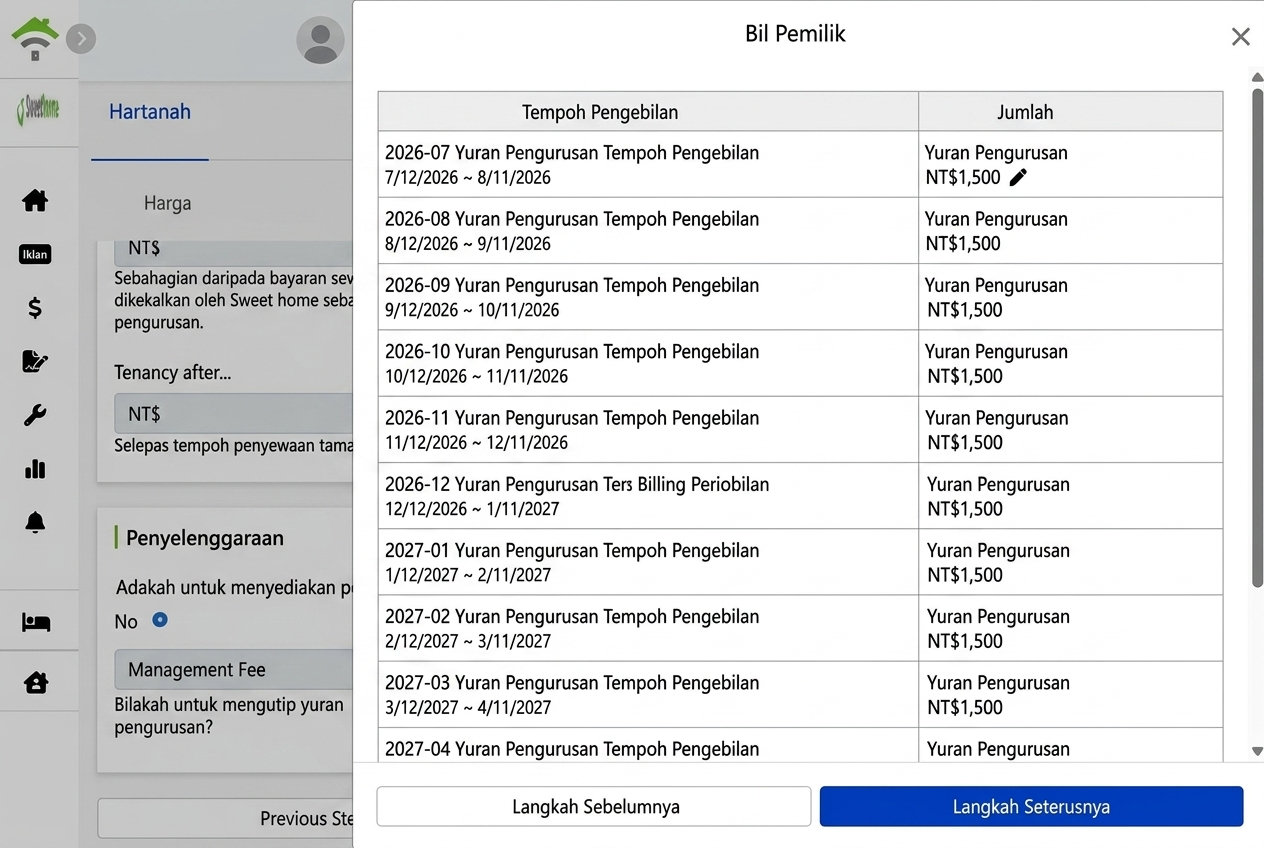 Senarai tempoh pemilik yang dijana: Yuran pengurusan boleh diedit secara individu untuk setiap tempoh