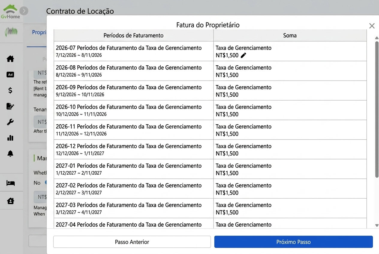 Lista de ciclos de cobrança dos proprietários gerada: cada taxa de administração pode ser modificada individualmente