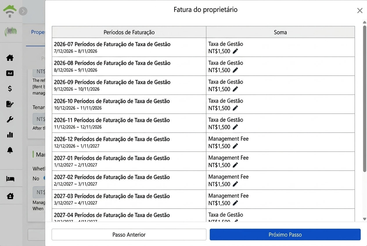 Lista gerada dos períodos de contas dos proprietários: taxas de gestão podem ser modificadas individualmente