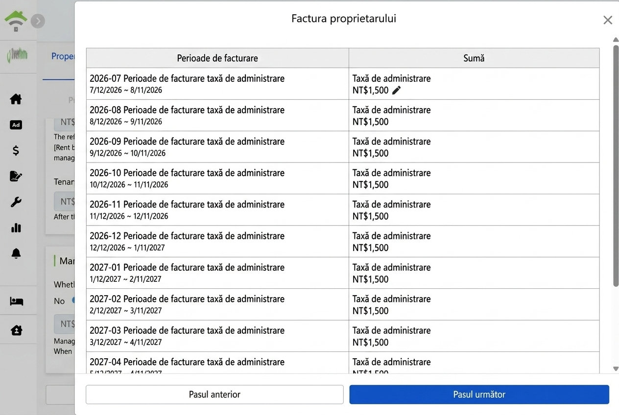 Listă generată a perioadelor contabile ale proprietarului: taxa de administrare poate fi modificată individual pentru fiecare perioadă
