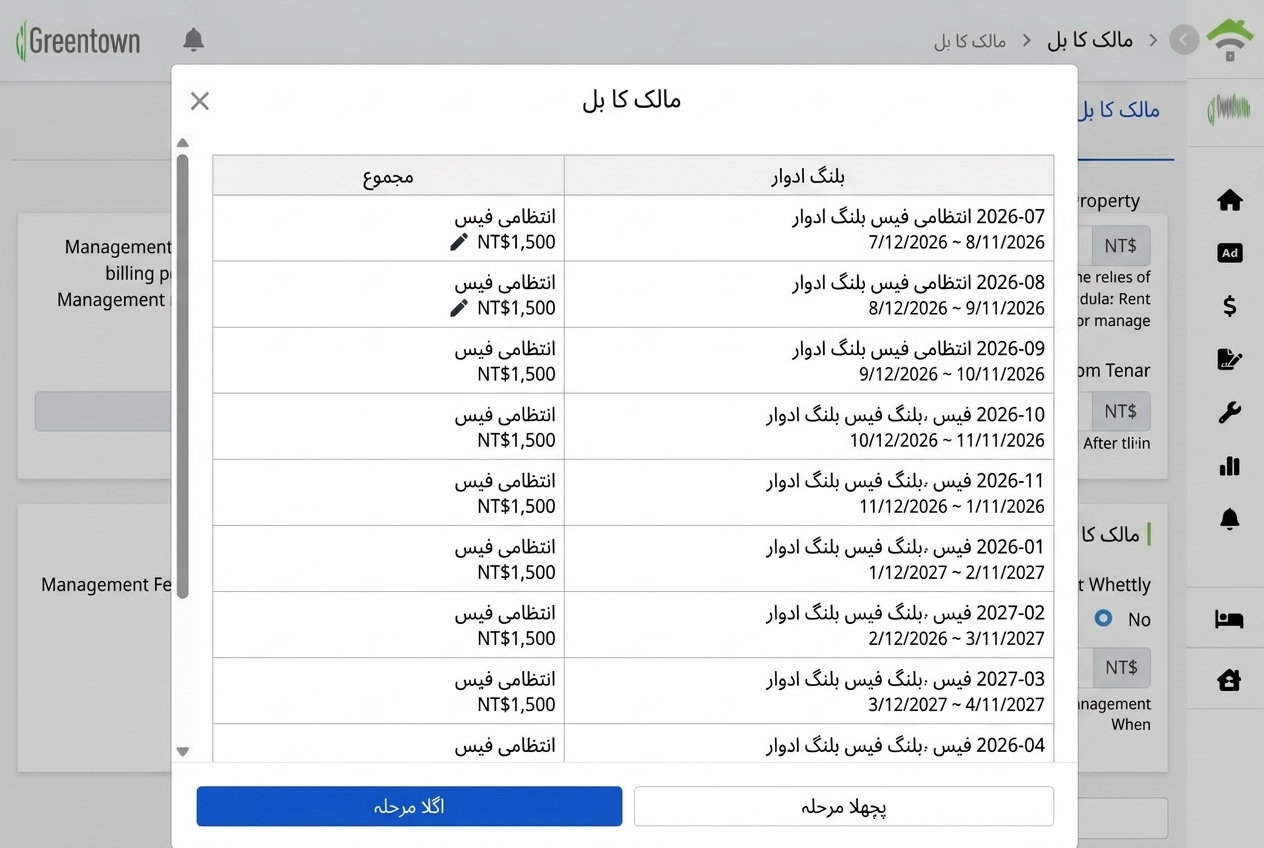 تیار کردہ مالک اکاؤنٹ کی فہرست: ہر قسط کی مینجمنٹ فیس انفرادی طور پر ترمیم کی جا سکتی ہے