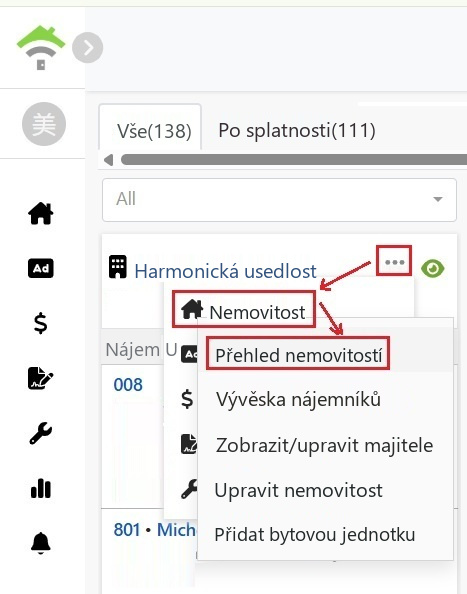 V nabídce karty nemovitosti vyberte nemovitost a poté přehled nemovitosti.