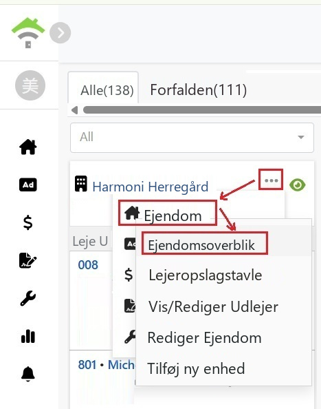 Klik på ejendomskortets menu og derefter på ejendomsoverblik