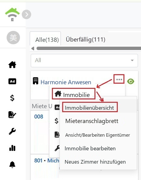 Wählen Sie im Menü der Immobilienkarte eine Immobilie und dann die Immobilienübersicht.