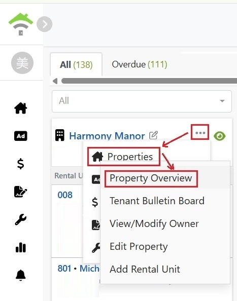 From the property card menu, click property, then property overview.