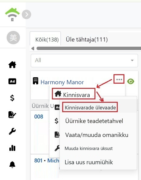 Klõpsake kinnisvara kaardi menüüs kinnisvara ja seejärel kinnisvaraülevaade