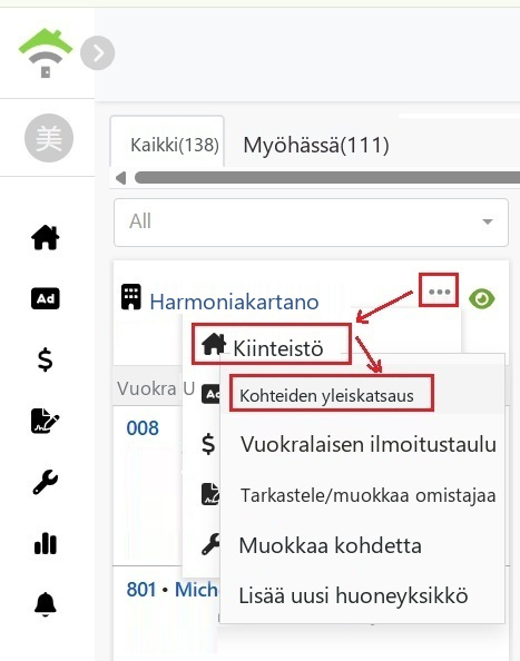 Valitse kohde kohdekortin valikosta ja sitten kohteen yleiskatsaus