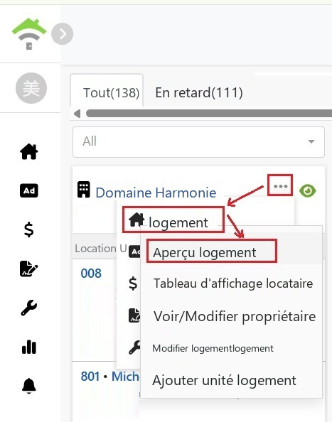 Cliquez sur la propriété dans le menu de la carte de la propriété, puis sur Vue d'ensemble de la propriété