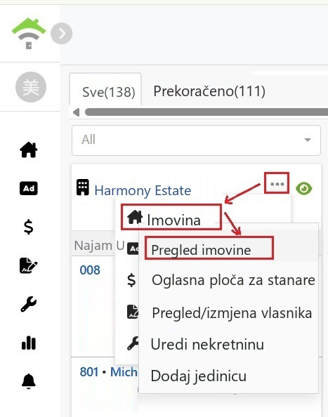 Na izborniku kartice nekretnina kliknite nekretninu, zatim kliknite pregled nekretnina