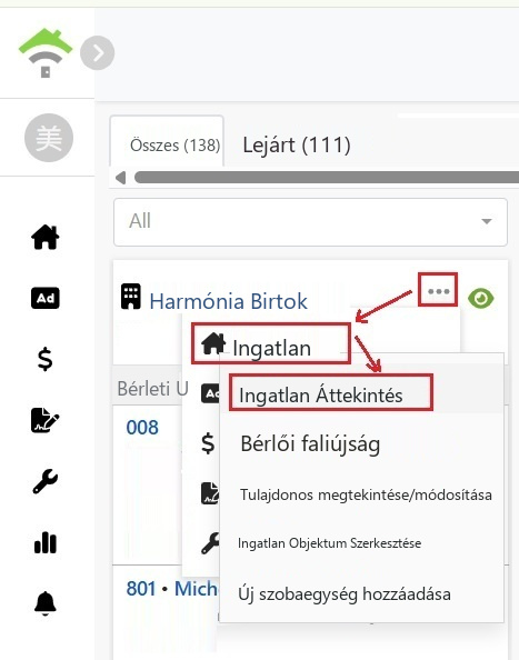 Válassza ki az ingatlankártya menüjében az ingatlant, majd az ingatlan áttekintést.